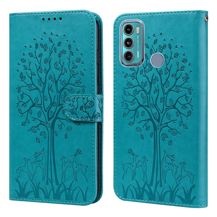For Motorola Moto G60 Tree & Deer Pattern Pressed Printing Horizontal Flip Leather Phone Case