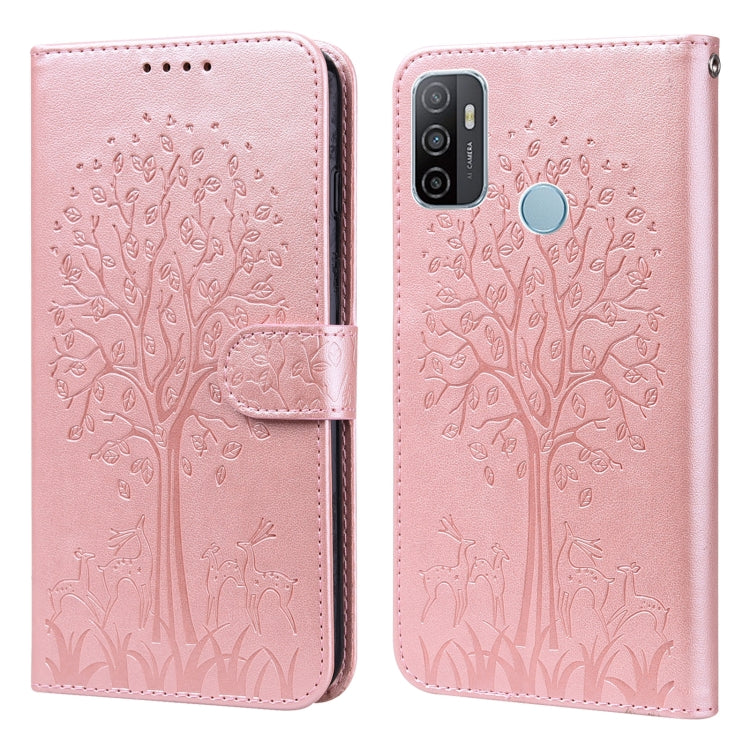 For OPPO A32 / A33 / A52 / A52s Tree & Deer Pattern Pressed Printing Horizontal Flip Leather Phone Case