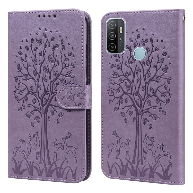 For OPPO A32 / A33 / A52 / A52s Tree & Deer Pattern Pressed Printing Horizontal Flip Leather Phone Case