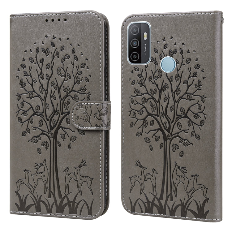 For OPPO A32 / A33 / A52 / A52s Tree & Deer Pattern Pressed Printing Horizontal Flip Leather Phone Case
