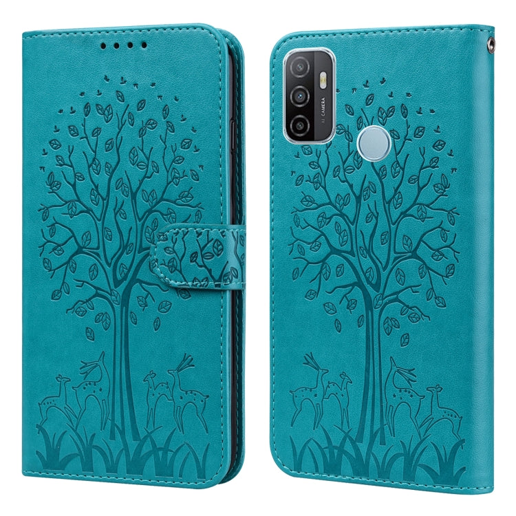 For OPPO A32 / A33 / A52 / A52s Tree & Deer Pattern Pressed Printing Horizontal Flip Leather Phone Case