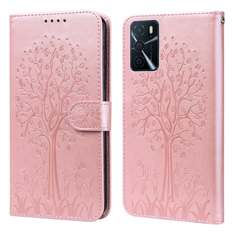 For OPPO A16 Tree & Deer Pattern Pressed Printing Horizontal Flip Leather Phone Case