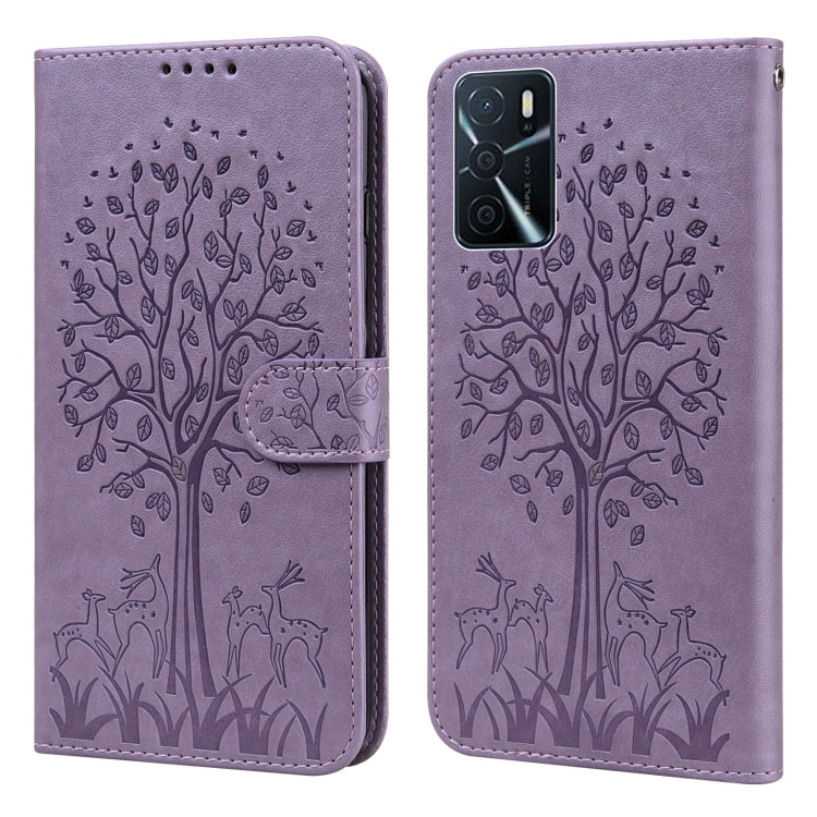 For OPPO A16 Tree & Deer Pattern Pressed Printing Horizontal Flip Leather Phone Case