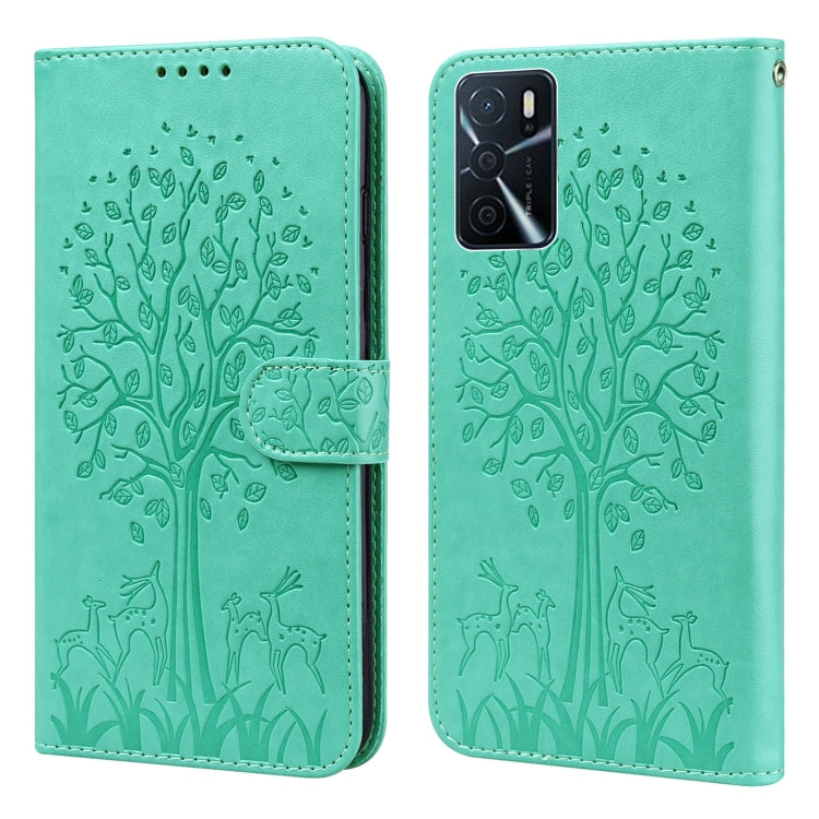 For OPPO A16 Tree & Deer Pattern Pressed Printing Horizontal Flip Leather Phone Case