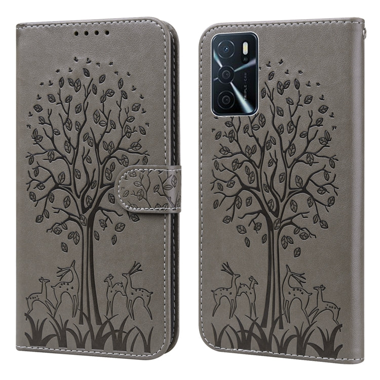 For OPPO A16 Tree & Deer Pattern Pressed Printing Horizontal Flip Leather Phone Case