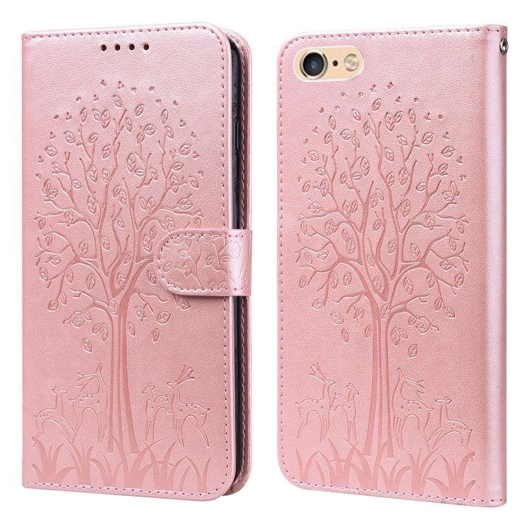 For iPhone SE 2022 / 7 / 8 / SE 2020 Tree & Deer Pattern Pressed Printing Horizontal Flip Leather Phone Case