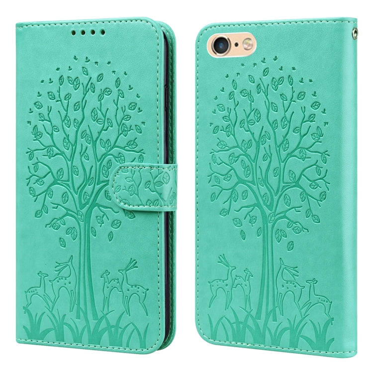 For iPhone SE 2022 / 7 / 8 / SE 2020 Tree & Deer Pattern Pressed Printing Horizontal Flip Leather Phone Case
