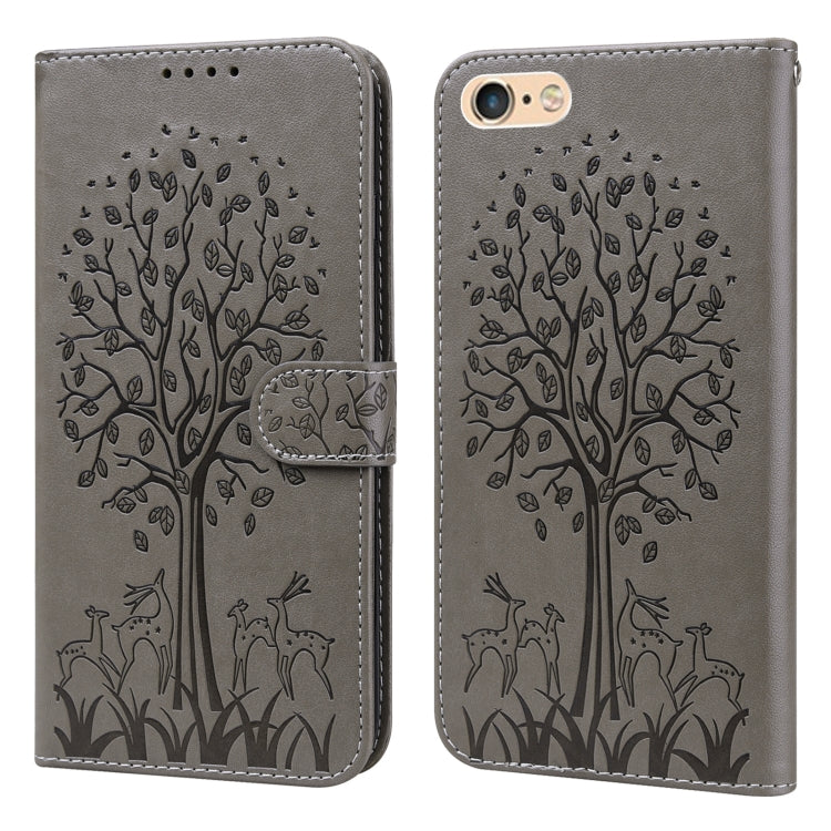 For iPhone SE 2022 / 7 / 8 / SE 2020 Tree & Deer Pattern Pressed Printing Horizontal Flip Leather Phone Case