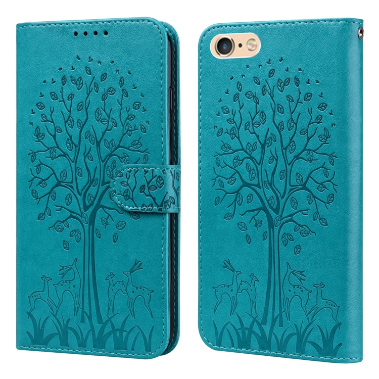 For iPhone SE 2022 / 7 / 8 / SE 2020 Tree & Deer Pattern Pressed Printing Horizontal Flip Leather Phone Case