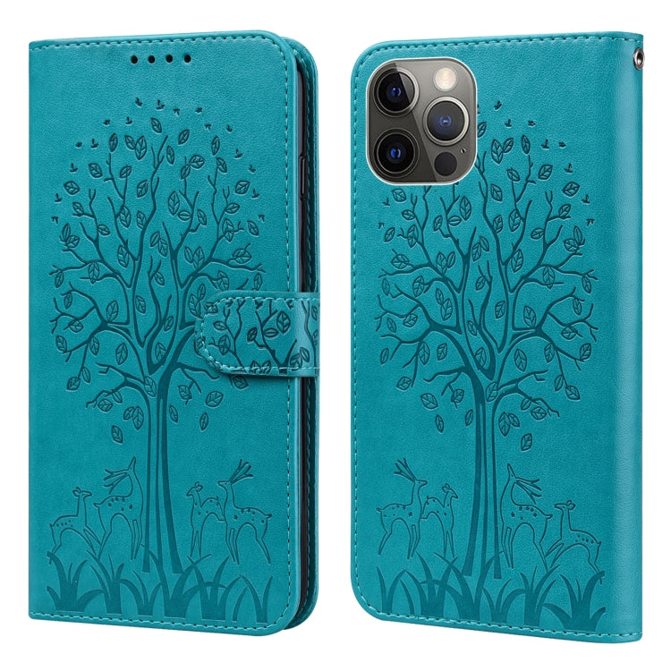 For iPhone 11 Pro Tree & Deer Pattern Pressed Printing Horizontal Flip Leather Phone Case