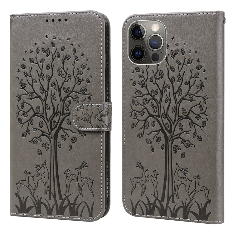For iPhone 11 Pro Max Tree & Deer Pattern Pressed Printing Horizontal Flip Leather Phone Case