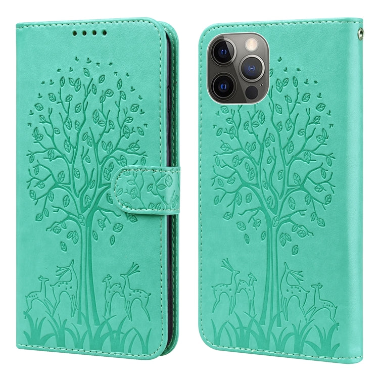For iPhone 13 Pro Max Tree & Deer Pattern Pressed Printing Horizontal Flip Leather Phone Case For iPhone 12 Pro Max / 13 Pro Max
