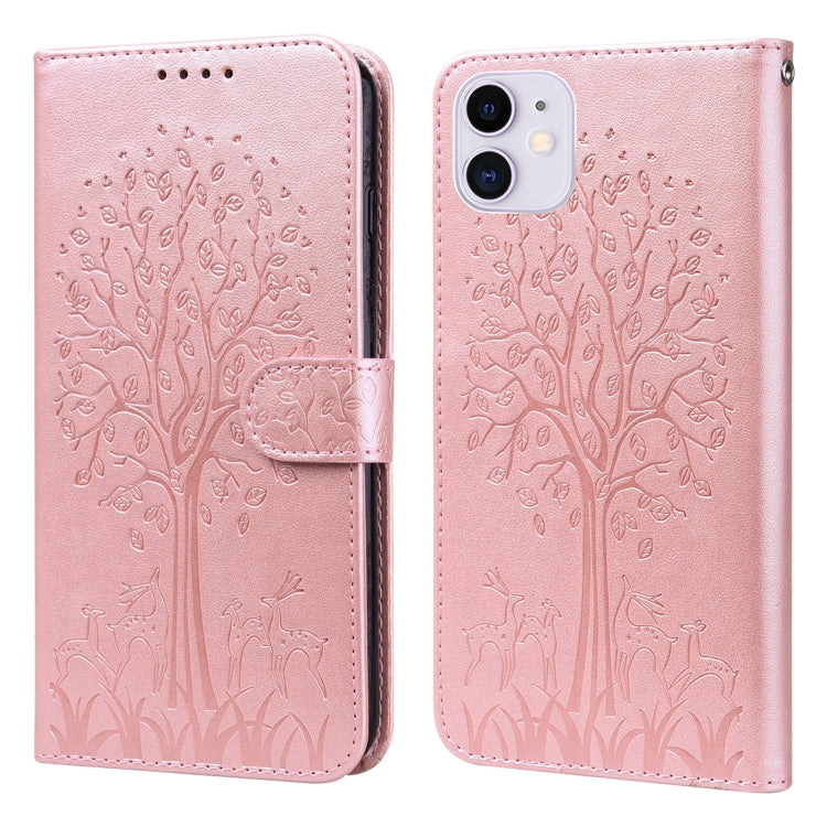 For iPhone 13 Tree & Deer Pattern Pressed Printing Horizontal Flip Leather Phone Case