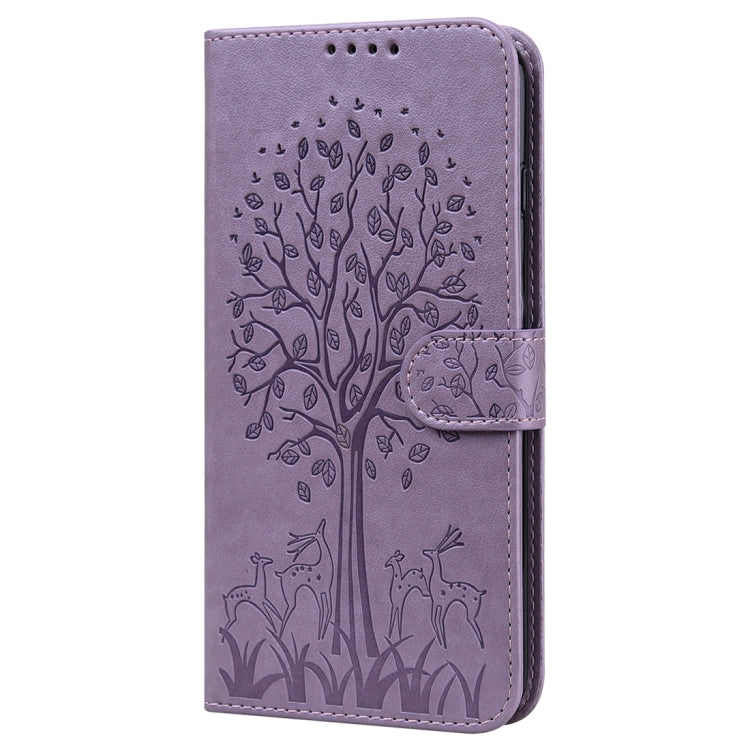 For iPhone 13 Tree & Deer Pattern Pressed Printing Horizontal Flip Leather Phone Case