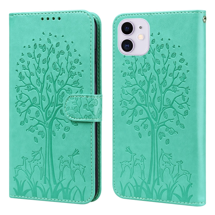 For iPhone 13 Tree & Deer Pattern Pressed Printing Horizontal Flip Leather Phone Case
