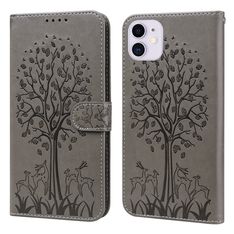 For iPhone 13 Tree & Deer Pattern Pressed Printing Horizontal Flip Leather Phone Case