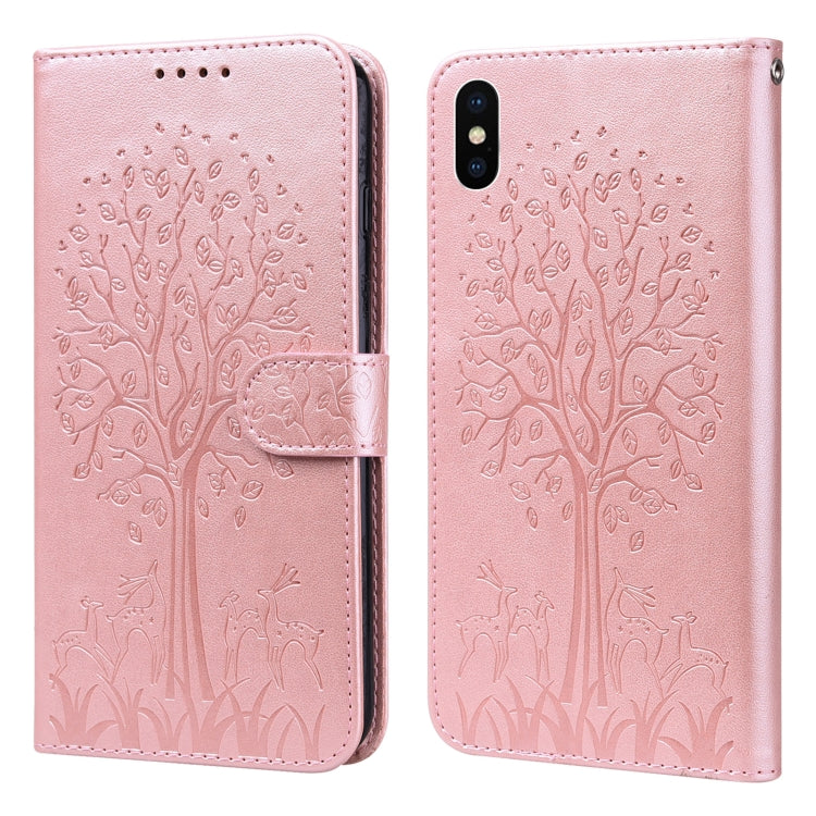 For iPhone X / XS Tree & Deer Pattern Pressed Printing Horizontal Flip Leather Phone Case