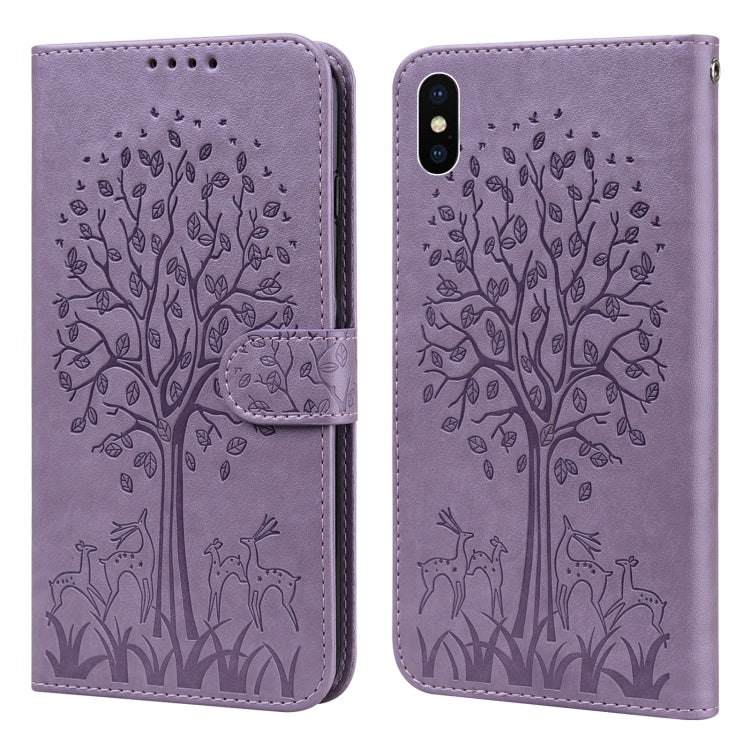 For iPhone X / XS Tree & Deer Pattern Pressed Printing Horizontal Flip Leather Phone Case