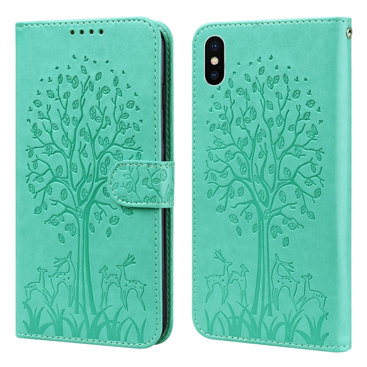 For iPhone X / XS Tree & Deer Pattern Pressed Printing Horizontal Flip Leather Phone Case