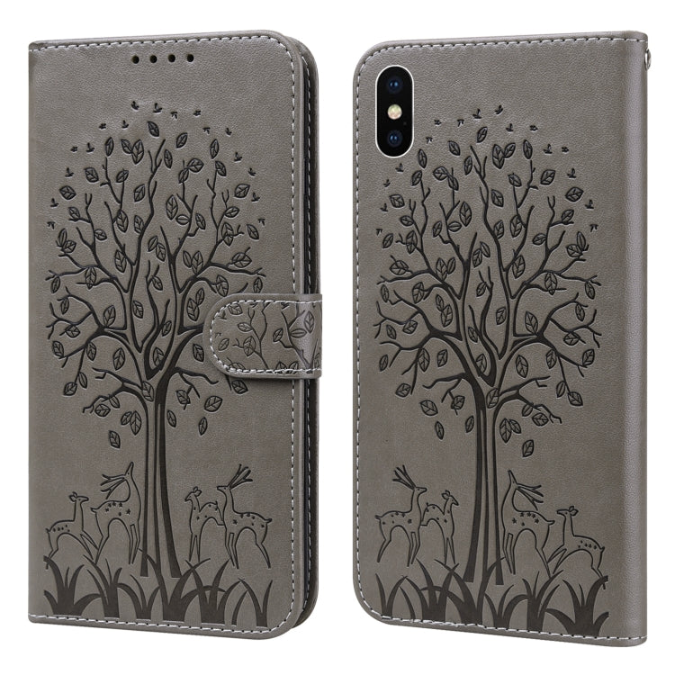 For iPhone X / XS Tree & Deer Pattern Pressed Printing Horizontal Flip Leather Phone Case