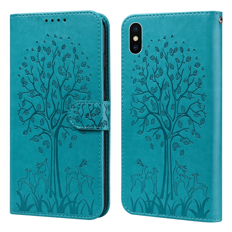 For iPhone X / XS Tree & Deer Pattern Pressed Printing Horizontal Flip Leather Phone Case