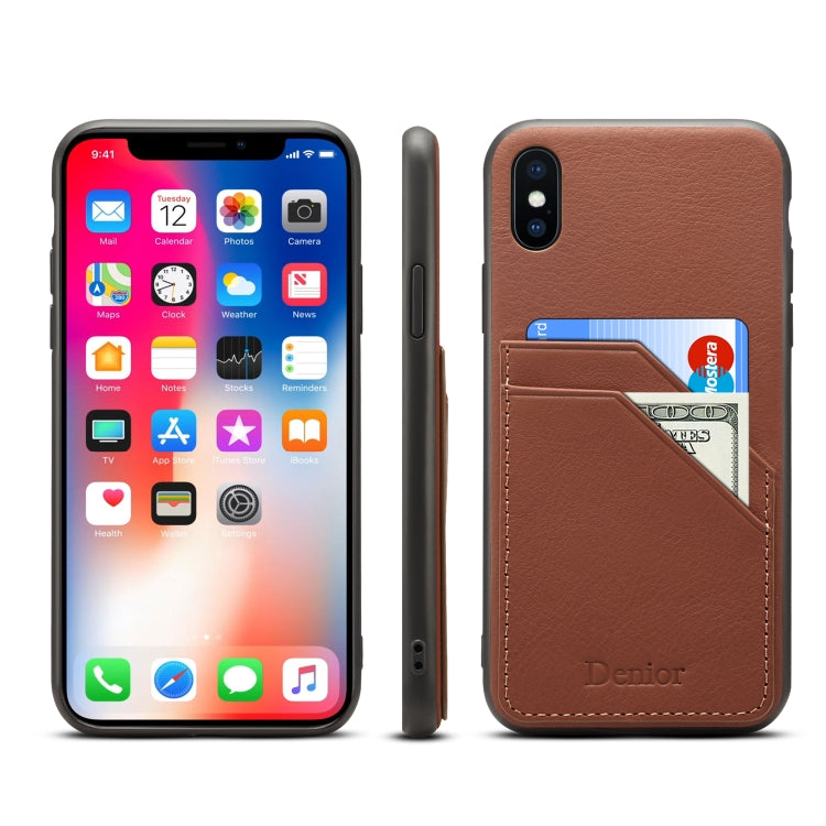 For iPhone XR Denior V1 Luxury Car Cowhide Leather Protective Case with Double Card Slots
