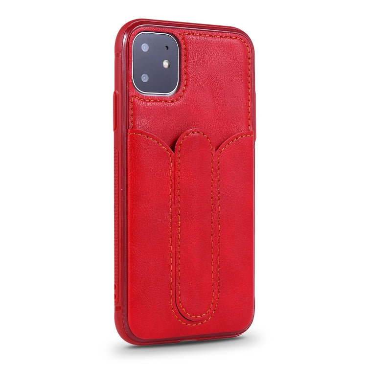 For iPhone 11 Shockproof PC + PU Protective Case with Invisible Spring Holder & Card Slot