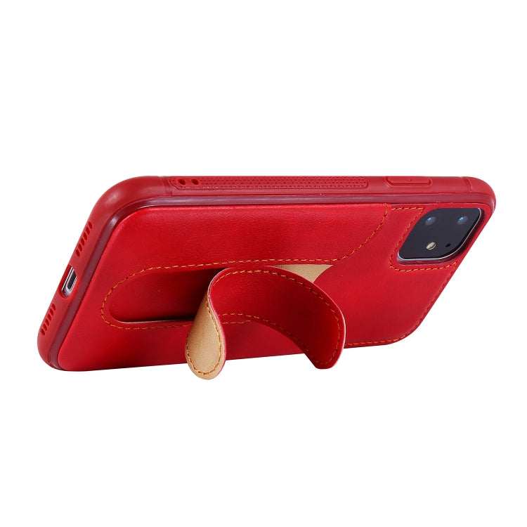 For iPhone 11 Shockproof PC + PU Protective Case with Invisible Spring Holder & Card Slot