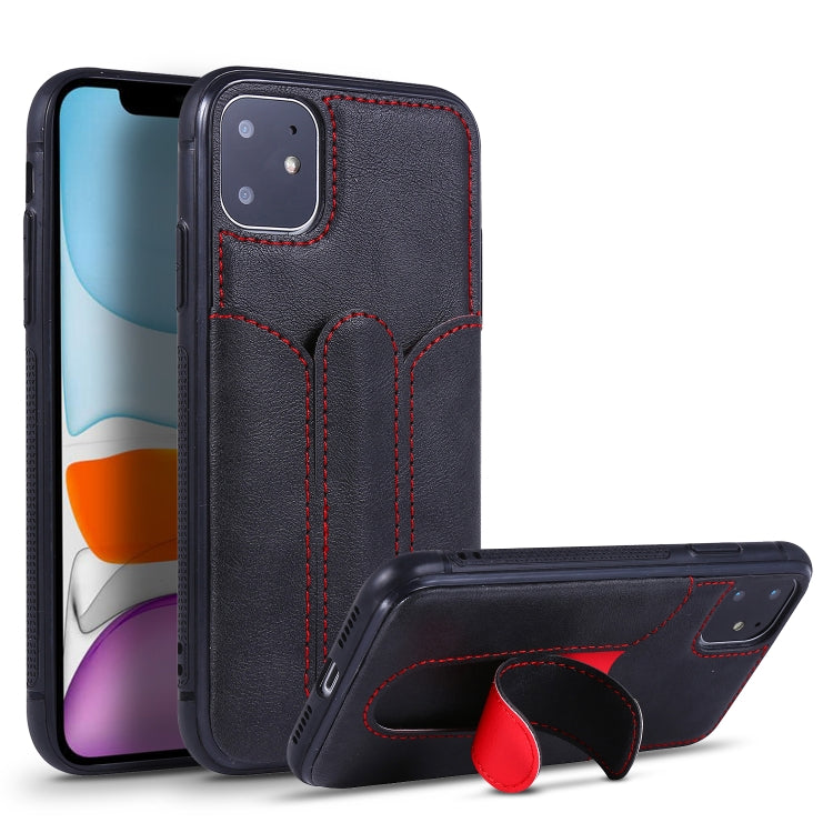 For iPhone 11 Shockproof PC + PU Protective Case with Invisible Spring Holder & Card Slot