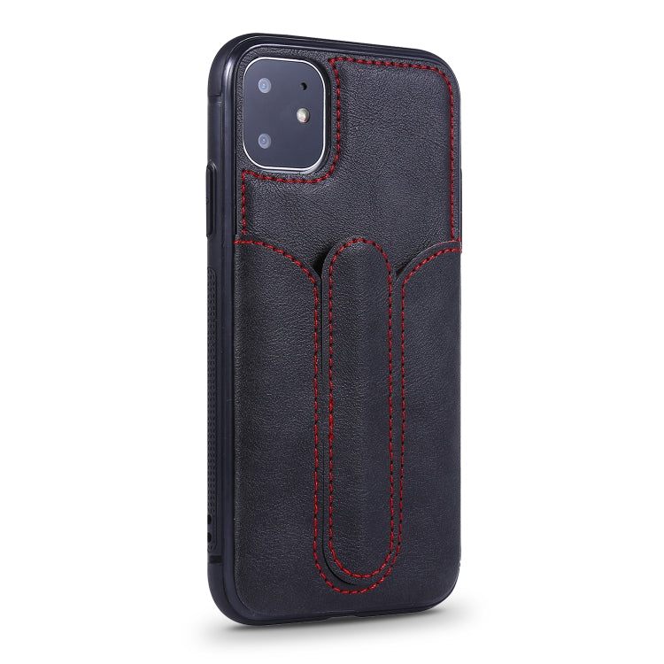 For iPhone 11 Shockproof PC + PU Protective Case with Invisible Spring Holder & Card Slot