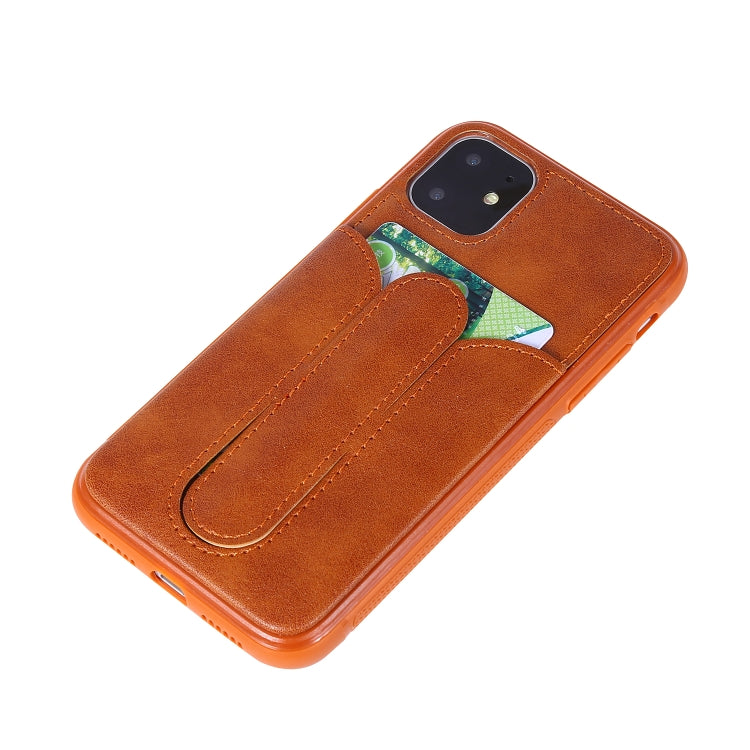 For iPhone 11 Shockproof PC + PU Protective Case with Invisible Spring Holder & Card Slot