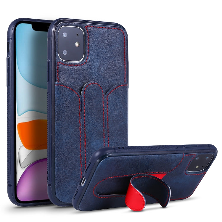 For iPhone 11 Shockproof PC + PU Protective Case with Invisible Spring Holder & Card Slot