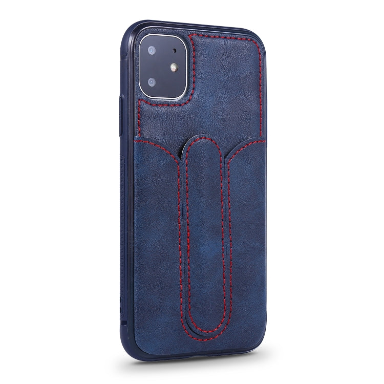 For iPhone 11 Shockproof PC + PU Protective Case with Invisible Spring Holder & Card Slot