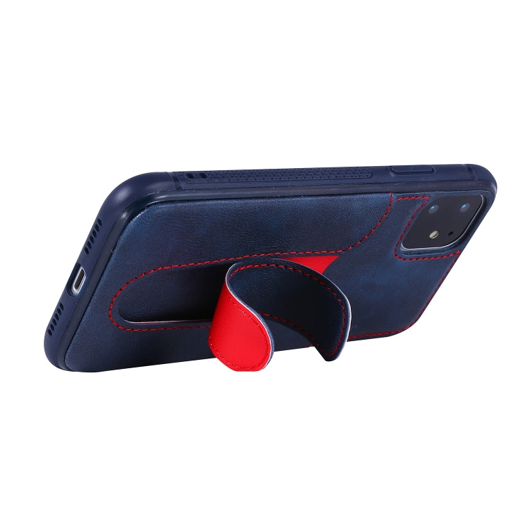 For iPhone 11 Shockproof PC + PU Protective Case with Invisible Spring Holder & Card Slot