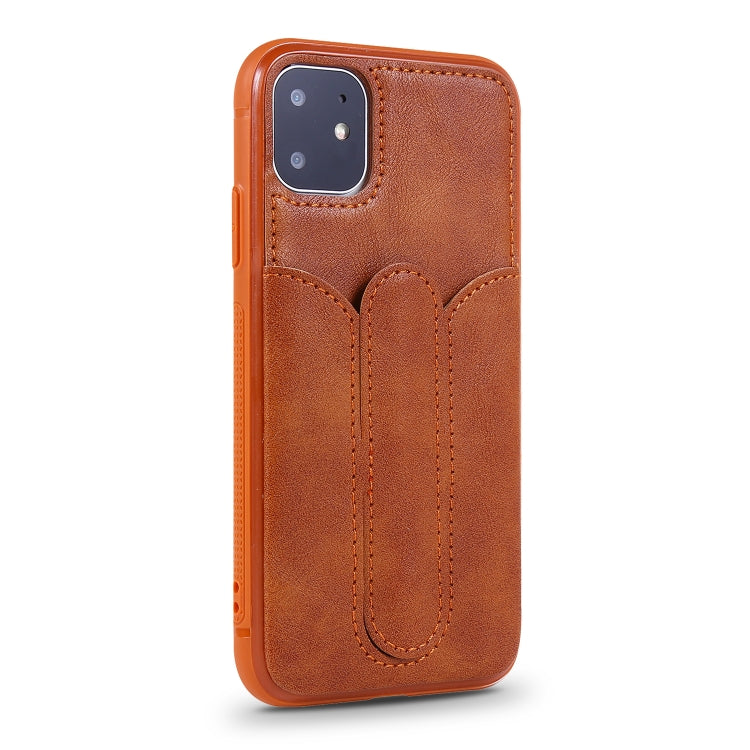 For iPhone 11 Shockproof PC + PU Protective Case with Invisible Spring Holder & Card Slot