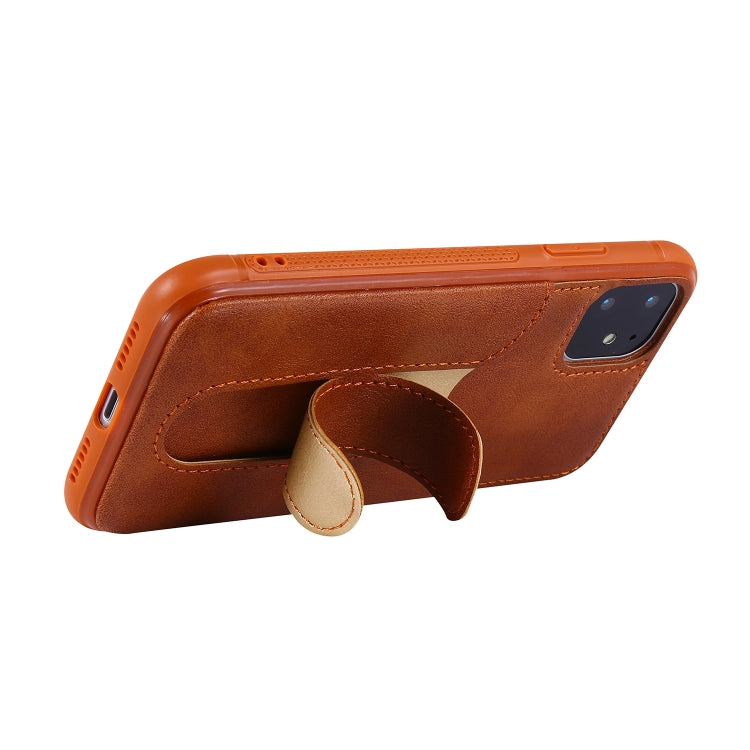 For iPhone 11 Shockproof PC + PU Protective Case with Invisible Spring Holder & Card Slot