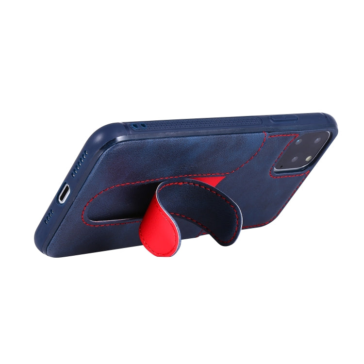 For iPhone 11 Pro Max Shockproof PC + PU Protective Case with Invisible Spring Holder & Card Slot