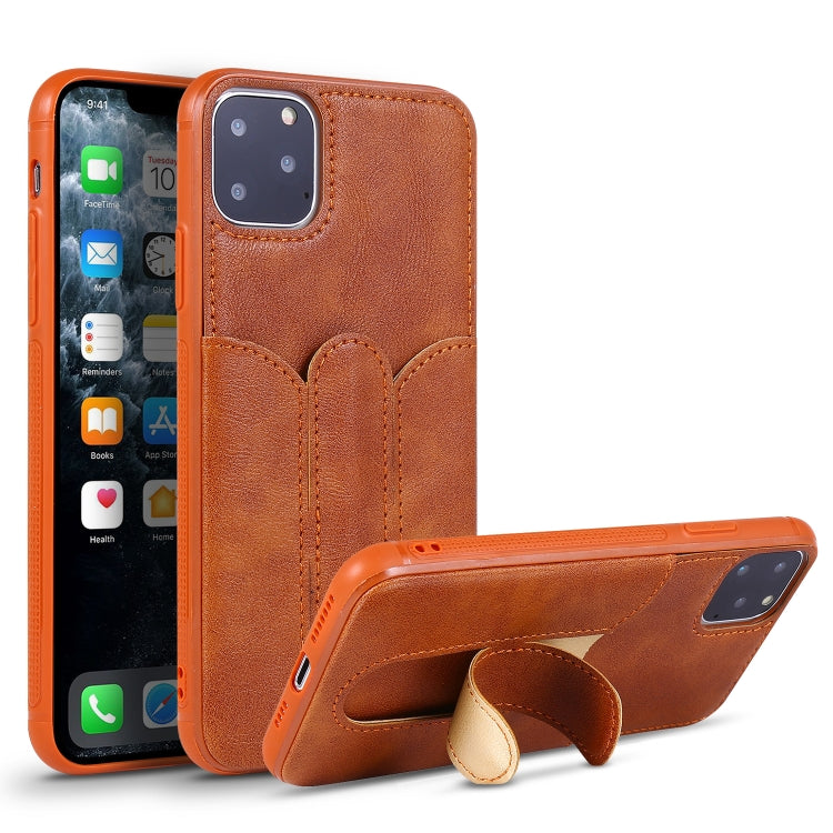 For iPhone 11 Pro Max Shockproof PC + PU Protective Case with Invisible Spring Holder & Card Slot