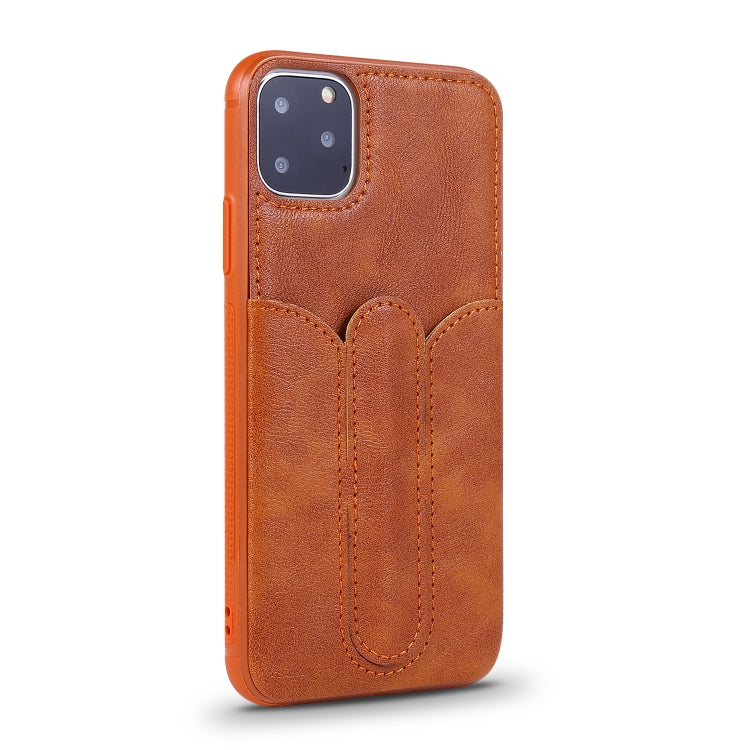 For iPhone 11 Pro Max Shockproof PC + PU Protective Case with Invisible Spring Holder & Card Slot