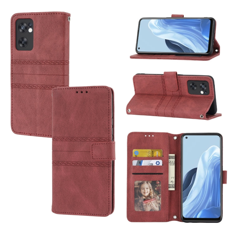 For OPPO Reno7 5G Embossed Striped Magnetic Buckle Horizontal Flip Phone Leather Case
