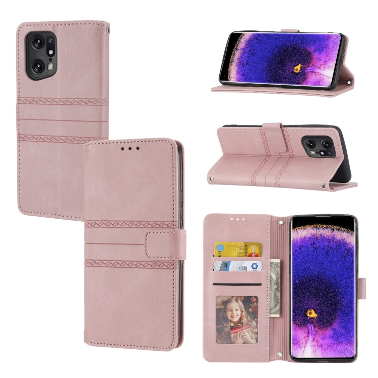 For OPPO Find X5 Embossed Striped Magnetic Buckle Horizontal Flip Phone Leather Case