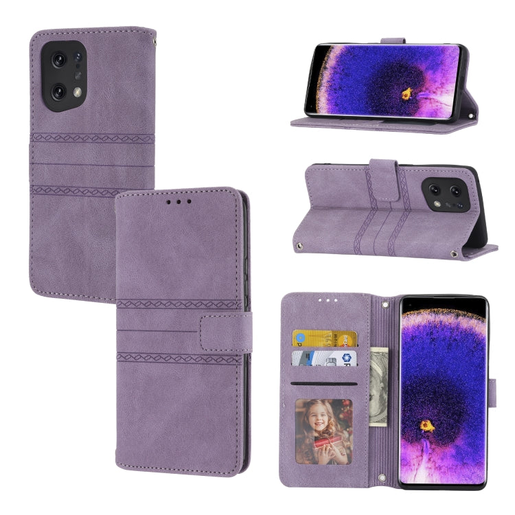 For OPPO Find X5 Pro Embossed Striped Magnetic Buckle Horizontal Flip Phone Leather Case