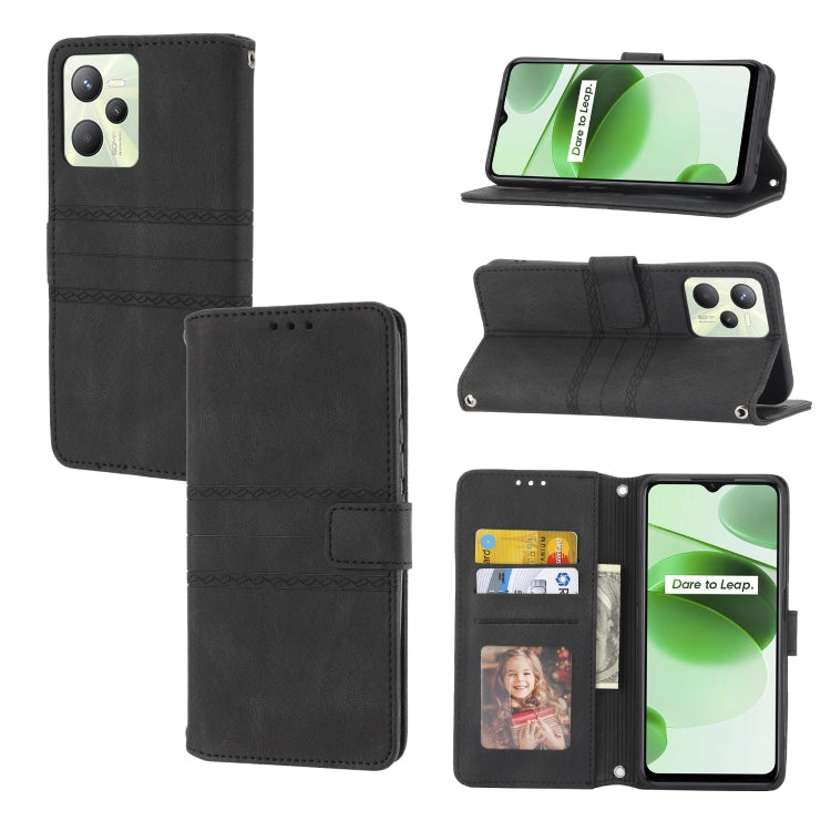 For OPPO Realme C35 Embossed Striped Magnetic Buckle Horizontal Flip Phone Leather Case