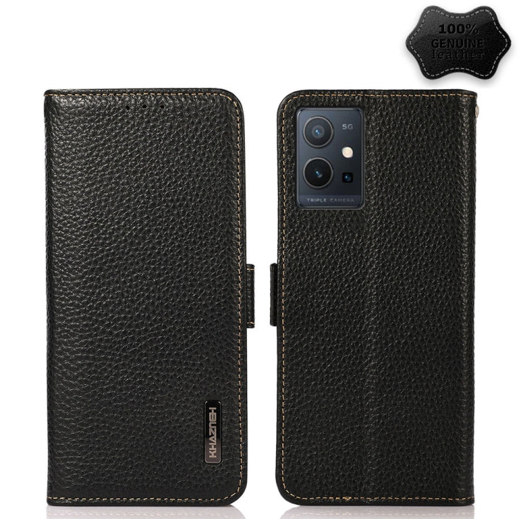 For vivo Y75 5G KHAZNEH Side-Magnetic Litchi Genuine Leather RFID Phone Case