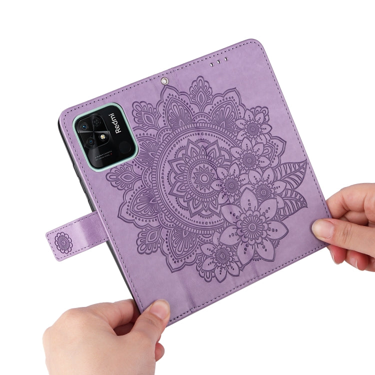 For Xiaomi Redmi 10C 4G / Redmi 10 (India) 7-petal Flowers Embossed Flip Leather Phone Case