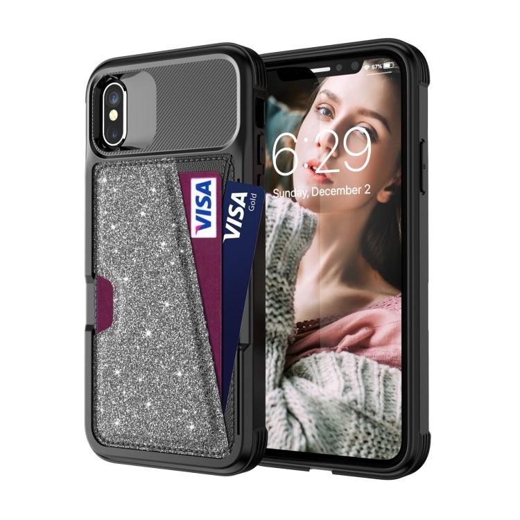 For iPhone X / XS Glitter Magnetic Card Bag Leather Case