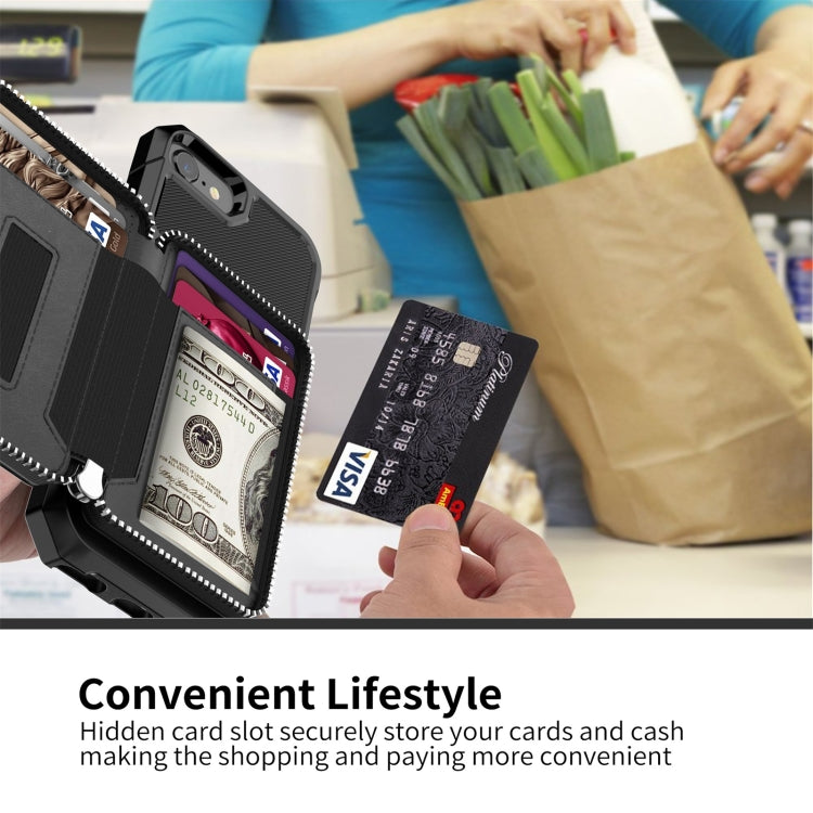 For iPhone SE 2022 / SE 2020 / 8 / 7 / 6 / 6s Zipper Wallet Card Bag PU Back Case