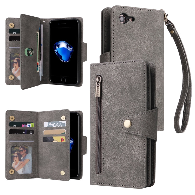 For iPhone SE 2022 / SE 2020 / 8 / 7 Rivet Buckle 9 Cards Three Fold Leather Phone Case