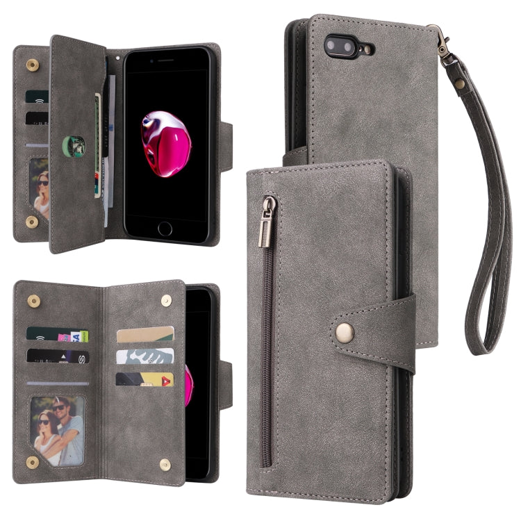 Rivet Buckle 9 Cards Three Fold Leather Phone Case For iPhone 7 Plus/8 Plus