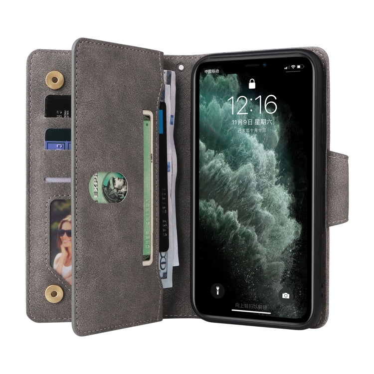 For iPhone 11 Pro Rivet Buckle 9 Cards Three Fold Leather Phone Case